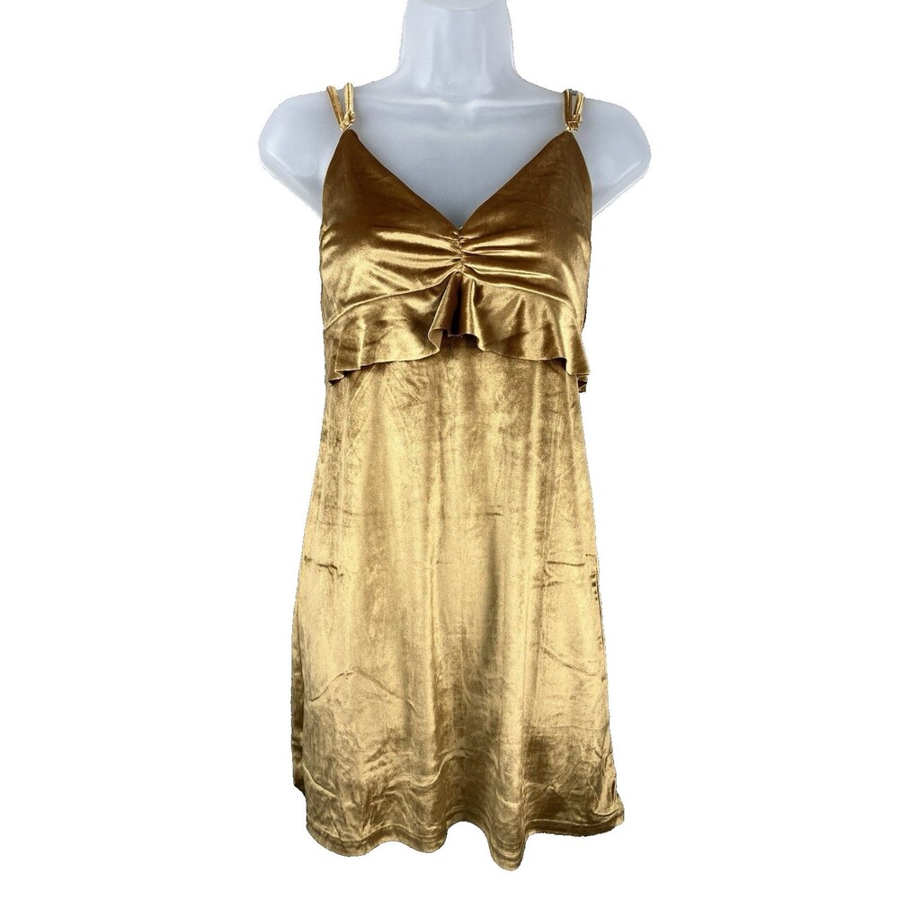 Honey Belle Gold Stretch Velvet Mini Dress M Babydoll Ruched V-Back Party